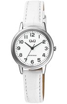 Bol.com Q&Q dames horloge met duidelijke wijzerplaat en wit lederen band Q925J314 aanbieding
