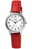 Q&Q dames horloge met duidelijke wijzerplaat en rood lederen band Q925J324