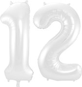De Ballonnenkoning - Folieballon Cijfer 12 Wit Metallic Mat - 86 cm