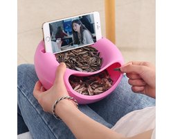 Snack schaal met telefoonhouder - Dubbele laag - chips schaal - nootjes schaal - makkelijk en comfortabel film kijken - ROZE