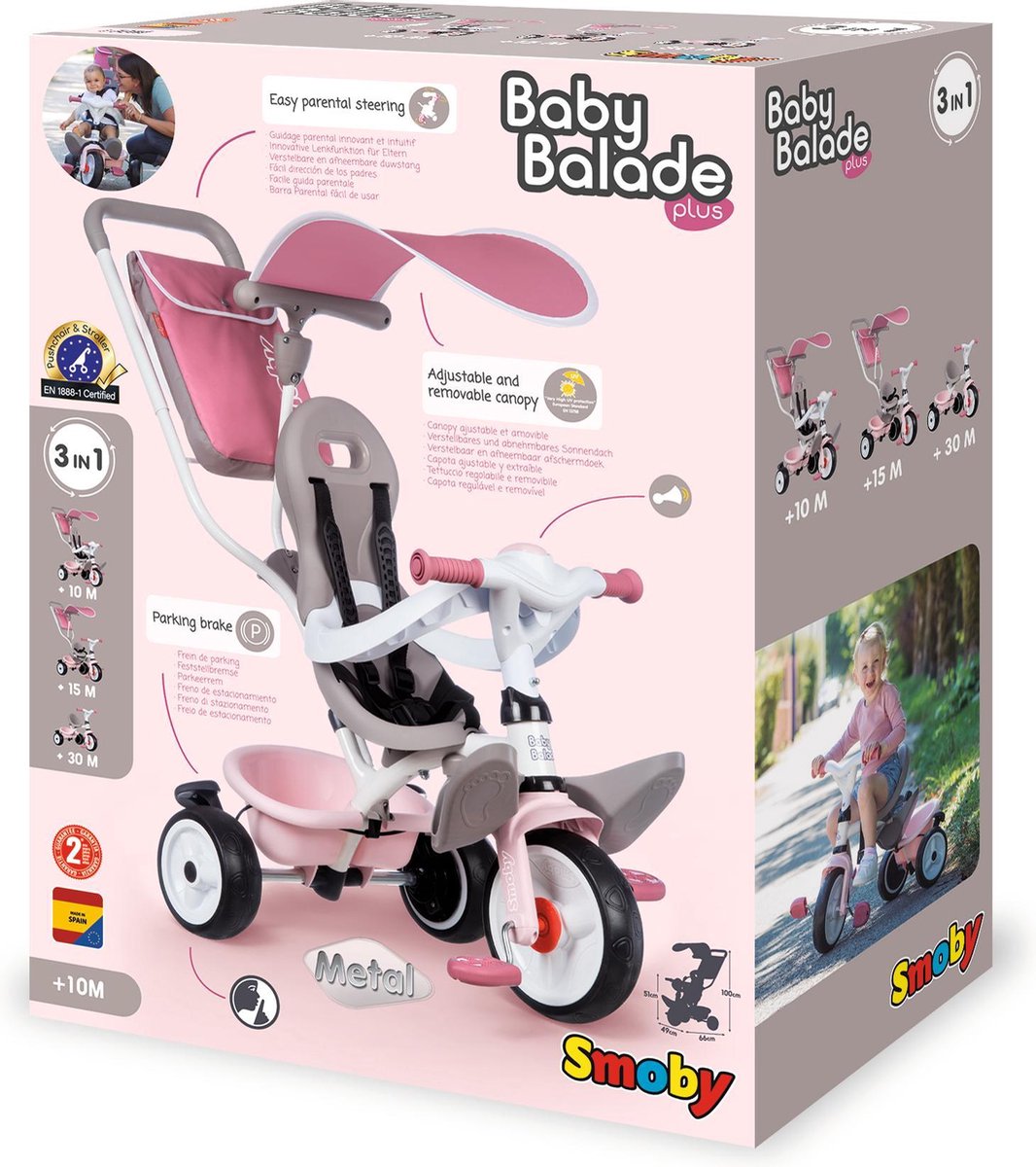 Smoby - Be Move - Roze driewieler van metaal - Evolutief - Afmetingen 68 x 52 x 52 cm - Vanaf 15 maanden : Smoby