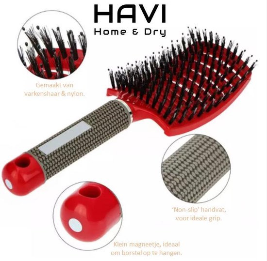 Rode haarborstel met een grijs gestippeld handvat, gemaakt van varkenshaar & nylon. Met ophangoogje.