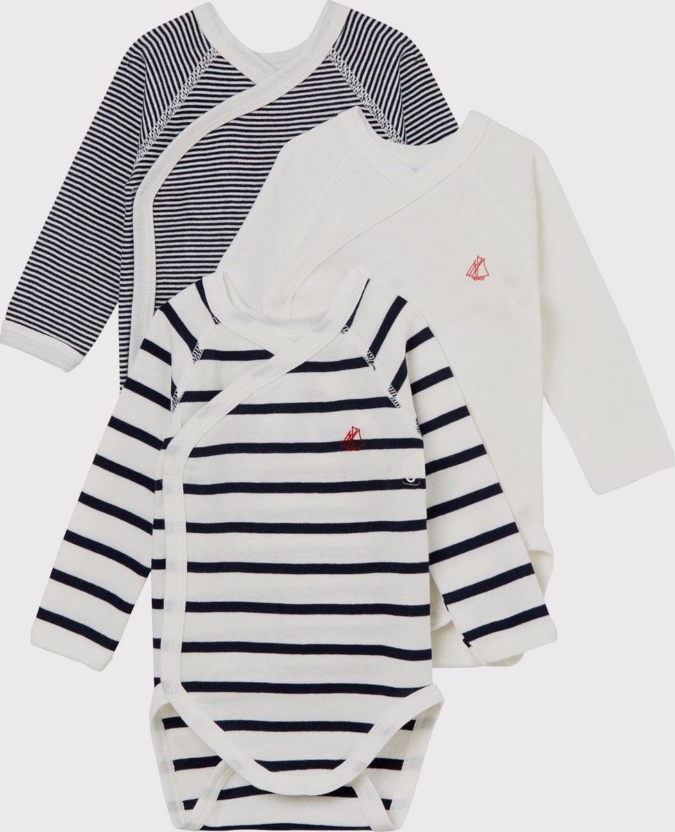 Petit Bateau Trio van babyrompertjes met lange mouwen Unisex Rompertje - Wit/Blauw + Blauw/Wit + Wit