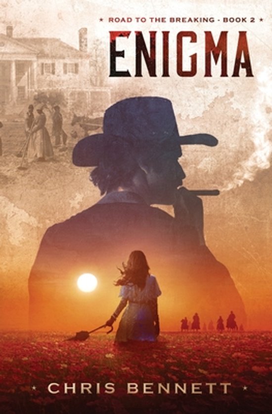 Boek 'Enigma' van Chris Bennett. Man met hoed rookt sigaar, vrouw in veld bij zonsondergang. Verderop een landhuis en ruiters.