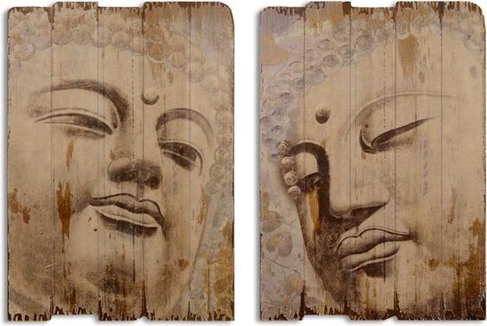 Wanddecoratie - Boeddha - Vintage prints op hout - 50 cm breed