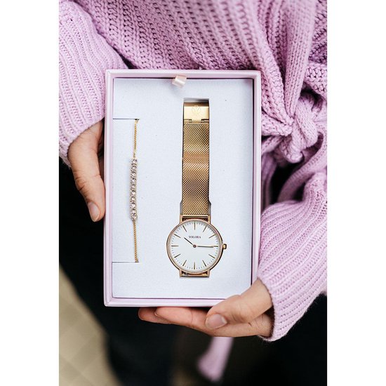 Yolora Luxe Giftbox - Goudkleurige Armband en RVS Horloge - 130 Kalpa Camaka Kristallen - 18K Geelgoud Verguld - Goud - Vrouwen Sieraden - Dames Geschenkdoos - Cadeau doos - Exclusieve Geschenkverpakking - Mooie Cadeauverpakking - Yolora