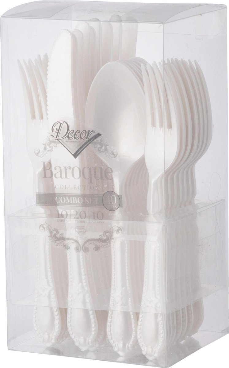 Decorline - Herbruikbare robuuste plastic bestekset Parelkleur - 40-delig - met elk 20 vorken, 10 messen en 10 soeplepels - Baroque Collection voor Kerstmis,Bruiloften, Verjaardagen, Feesten en Evenementen-