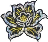 Zwarte Met Zilverkleurige Paillette Bloem XL Strijk Patch 20 x 18 cm