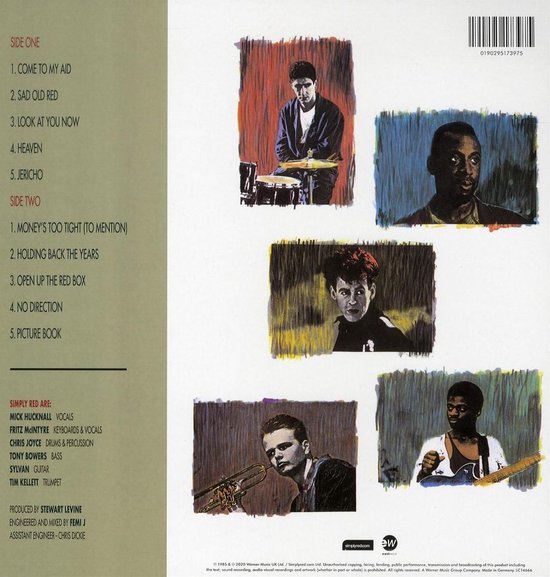 Achterkant van de 'Picture Book' hoes van Simply Red met tracklist en foto's van de bandleden.