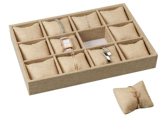 Présentoir à Bijoux Boîte à montres Bracelets - Jute - 12 compartiments - oreillers