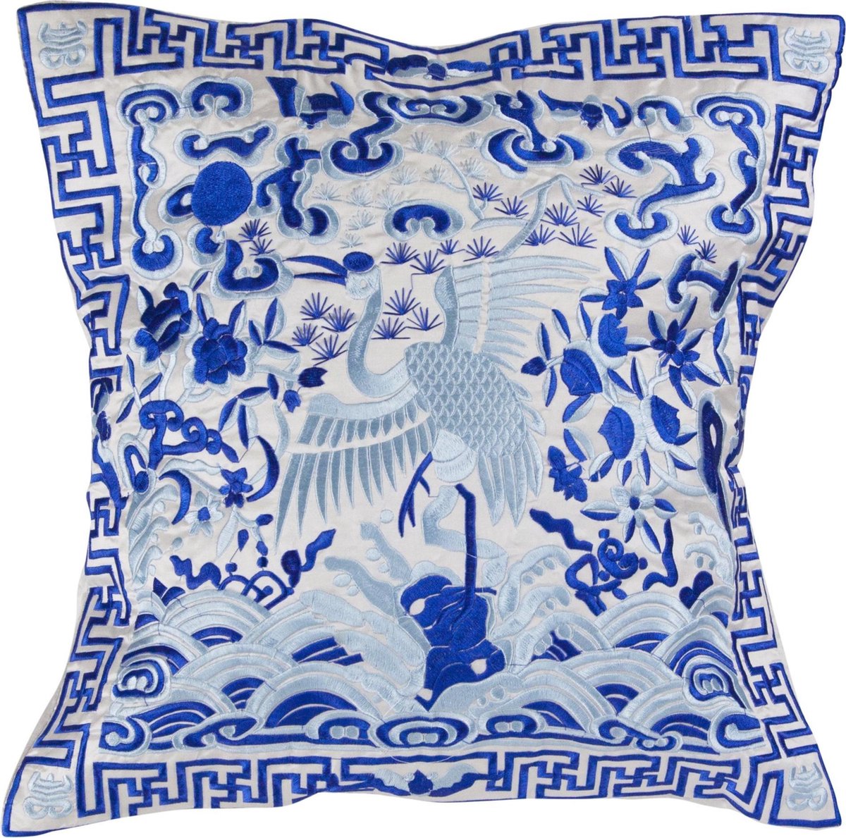 Fine Asianliving Chinese Kussenhoes Handgeborduurd Wit Kraanvogel 45x45cm Zonder Vulling