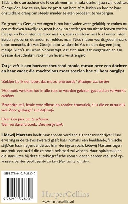 Achterkant boek 'Tot je valt', met ISBN en HarperCollins logo.