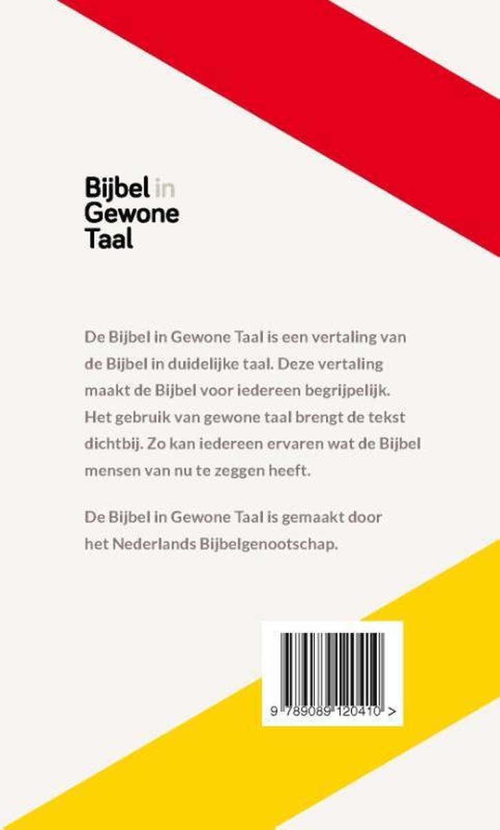 Achterkant van het boek met tekst en een barcode, met rode en gele diagonale strepen.