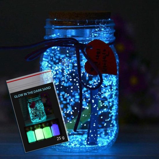 Foto: Qbix glow in the dark korrels blauw lichtgevend zand zak van 25 gram