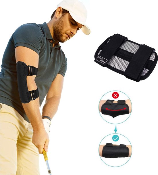 Man in grijze polo met zwarte golf elleboogbrace. Rechts een close-up van de brace met instructies.
