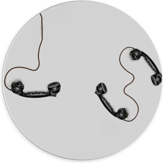 Forex Wandcirkel - Zwarte Telefoons aan Kabel op Witte Achtergrond - 70x70cm Foto op Wandcirkel (met ophangsysteem)
