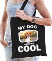 Beagle honden tasje zwart volwassenen en kinderen - my dog serious is cool kado boodschappentasje