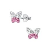 Joy|S - Zilveren vlinder oorbellen 9 x 7 mm - wit roze kristal