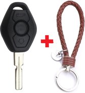 Clé de voiture 3 boutons DMT avec lame de clé HU58 adaptée pour clé Bmw Série 3/5/6/7 Z3 / Z4 / X3 / X5 / Z8 clé bmw + porte-clés en cuir PU marron tressé.