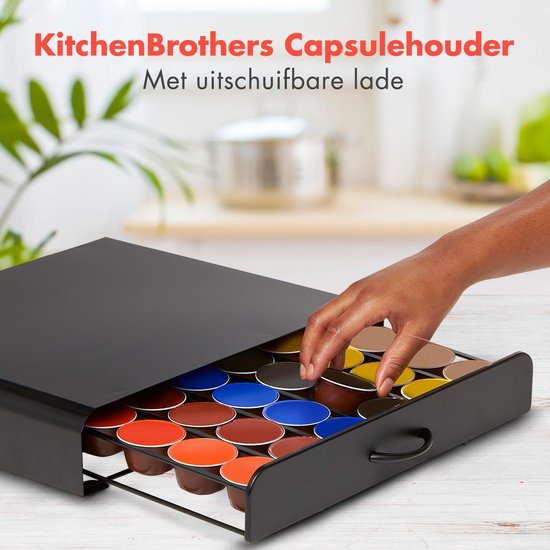 KitchenBrothers Porte-capsule avec tiroir - Convient pour Dolce Gusto - 36 Capsules - Acier inoxydable - Noir