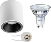 Opbouwspot Set - Pragmi Cliron Pro - GU10 Fitting - Opbouw Rond - Mat Wit/Zwart - Verdiept - Ø90mm - Philips - SceneSwitch 827 36D - 1.5W-5W - Warm Wit 2200K-2700K - Dimbaar - BES LED