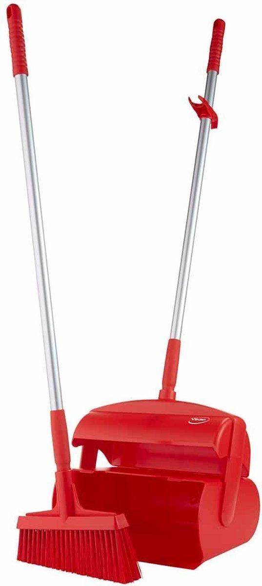 Goedkoopste Vikan - Stoffer en Blik met Lange Steel - Veger afgeschuinde haren - Afsluitbaar - Rood