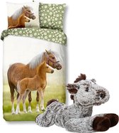 Good Morning Dekbedovertrek Haflinger met Veulen-140 x 220 cm, Paarden dekbed-katoen ,Grote super zachte knuffel 32 cm donker bruin