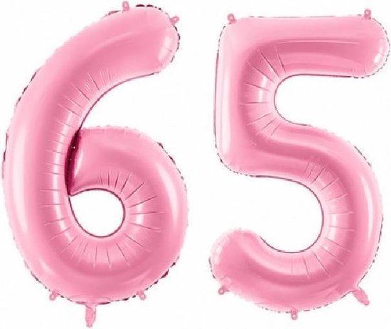 Folie ballon cijfer 65 jaar – 80 cm hoog – Roze - met gratis rietje – Feestversiering – Verjaardag – pensioen - Bruiloft