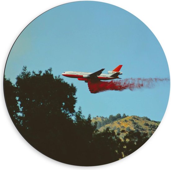 Dibond Wandcirkel - Rode Poeder uit Vliegtuig - 60x60cm Foto op Aluminium Wandcirkel (met ophangsysteem)
