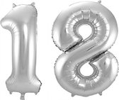 Folie ballon cijfer 18 jaar – 80 cm hoog – Zilver - met gratis rietje – Feestversiering - Verjaardag