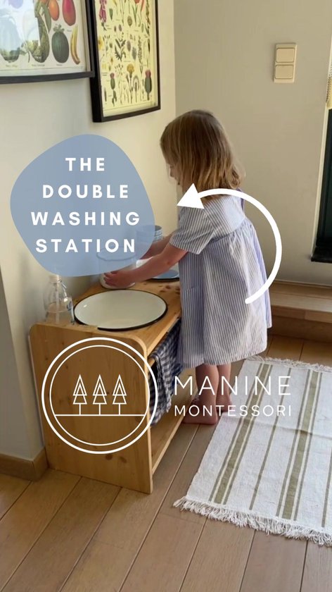 Vasques Montessori Lavabo Double Enfant - 2 Vasques Émaillées - Massief  Hout