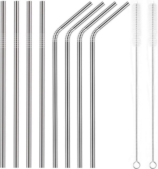 RVS rietjes - Set van 8 herbruikbare rietjes - 4 recht 4 gebogen - 21 cm - Stijlvol - Incl 2 schoonmaakborstels en bewaarzak - Zilver