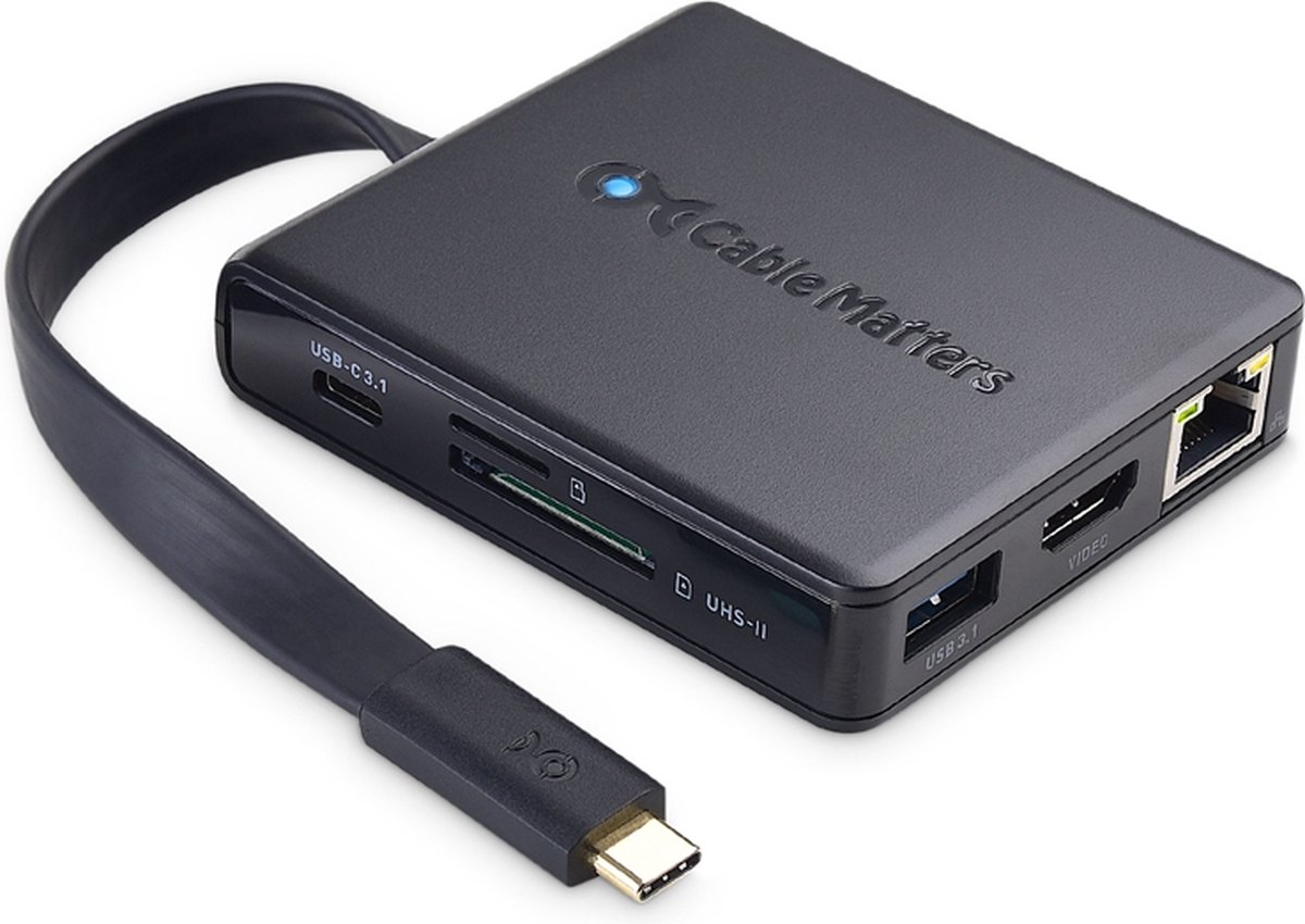 Cable Matters 201098 USB-C naar HDMI Dockingstation - 4K30Hz -USB-C PD80W - RJ45 - USB3.1 - 5Gbps - Micro SD- en SD-kaartlezer - Zwart