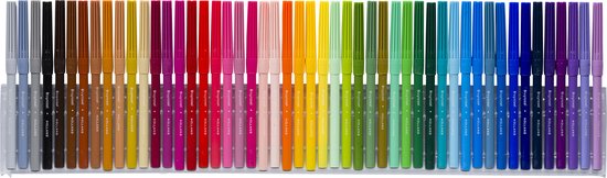 Twee rijen met 50 Bruynzeel viltstiften in alle kleuren van de regenboog.