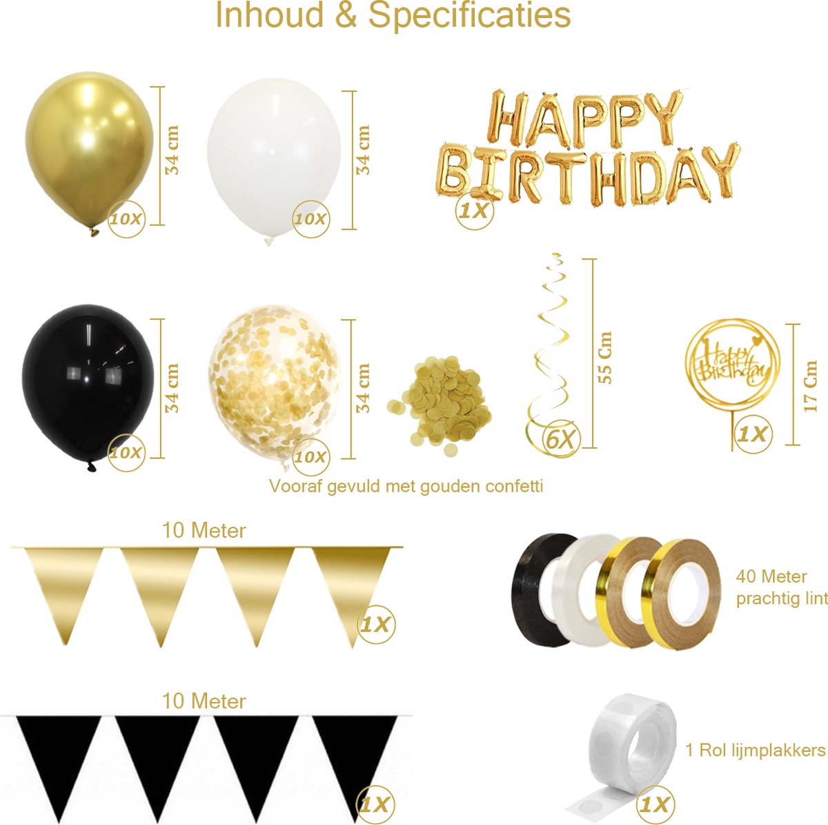 Gouden & Zwarte & Witte Helium Ballonnen Slingers Verjaardag Versiering Happy Birthday Ballon Feestpakket Goud - 53 St — afbeelding 2