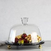 Natuurlijke Marmer taartplateau met glazen stolp - met deksel - 25 cm - met gouden poot - Zwart - Dienblad - Kaasplank - Serveerplank - Borrelplank