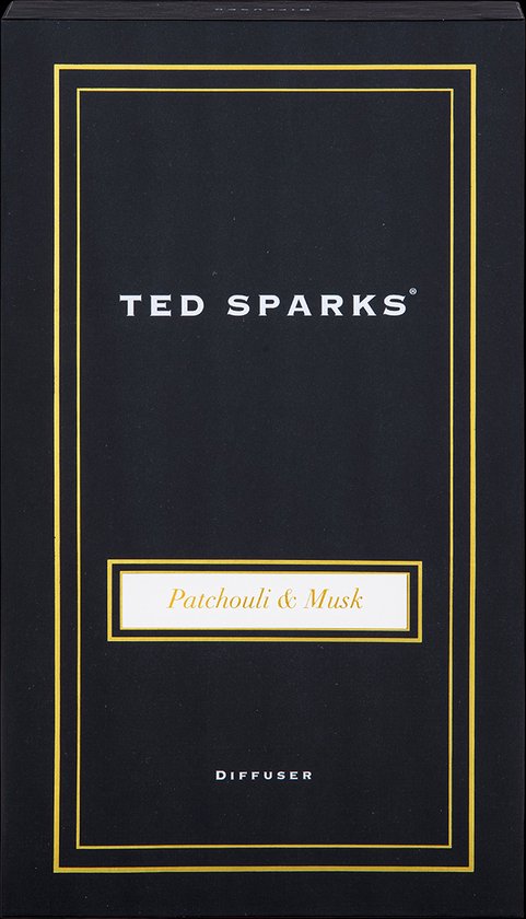 Zwarte kartonnen verpakking van Ted Sparks met gouden rand en tekst "Patchouli & Musk DIFFUSER".
