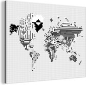 Wanddecoratie Metaal - Aluminium Schilderij Industrieel - Wereldkaart - Pixel - Zwart Wit - 120x90 cm - Dibond - Foto op aluminium - Industriële muurdecoratie - Voor de woonkamer/slaapkamer