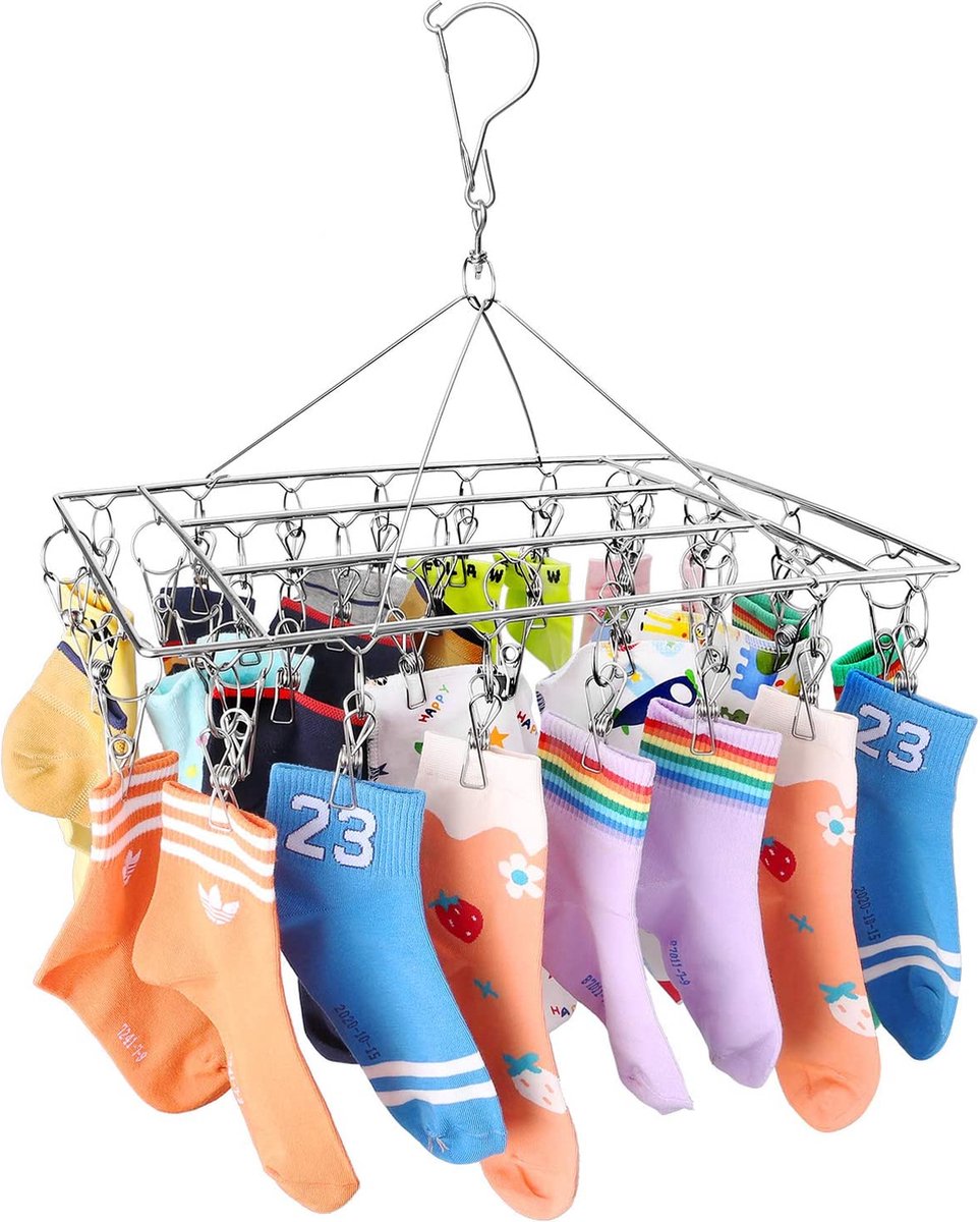 Roestvrijstalen sokkendroogrek, wasrek, met draaihaak, windbestendig, kleerhanger voor sokken, ondergoed, beha‘s, babykleding, handschoenen (36 knijpers)