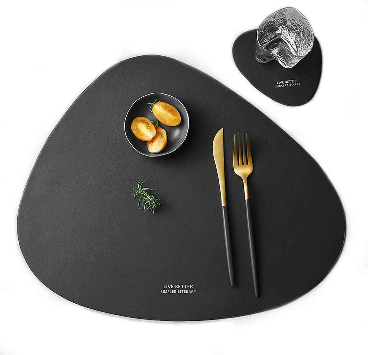 Placemats en onderzetters van leer, afwasbaar, placemats, afwasbaar, rond, tafeldecoratie voor keuken en eettafel, set van 4, ovaal, zwart