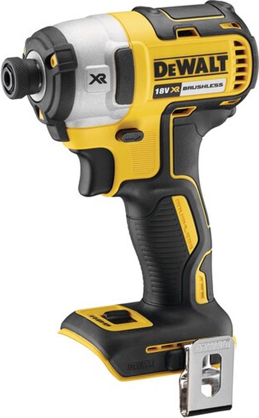 Gele en zwarte DeWalt 18V XR slagschroevendraaier met zilverkleurige details.