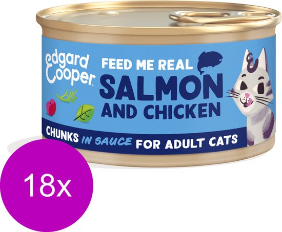 Edgard & Cooper Kattenvoer Graanvrij Natvoer voor Katten Gesteriliseerde of Actieve Kat Natuurlijke Stukjes in Saus 85g x 18 Verse Zalm & Kip, Smakelijk en Uitgebalanceerd, Vers Vlees