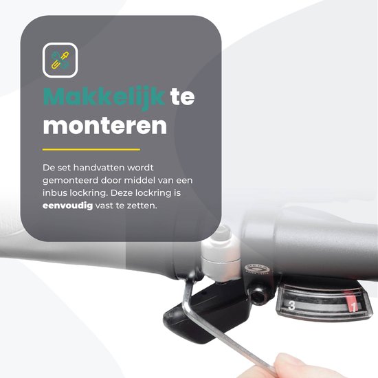 Een inbussleutel monteert de bruine leren fietshandvatten aan een stuur.