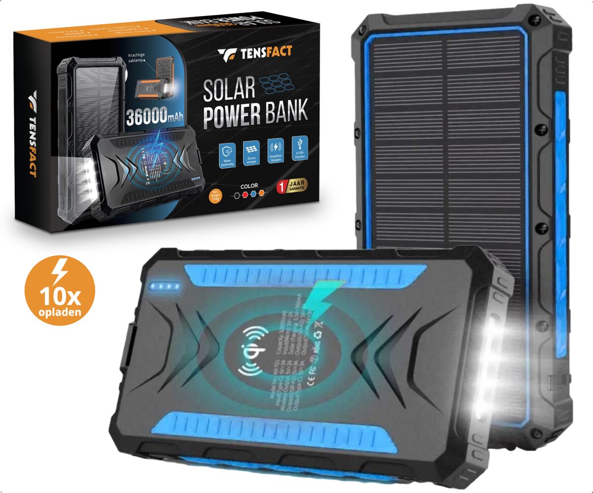 Tensfact® Solar Powerbank 36000 mAh Wireless Charger - Snellader Iphone Samsung - USB & USB-C - Blauw