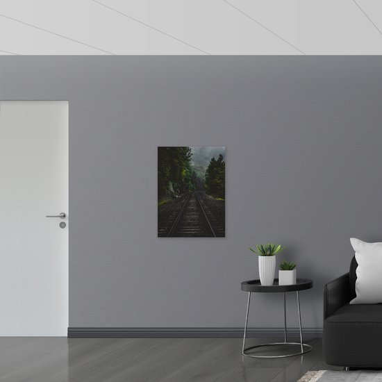 WallClassics - Bois - Voie ferrée entre Forêts vertes - 60x80 cm - 12 mm d'épaisseur - Photo sur bois (avec système de suspension)