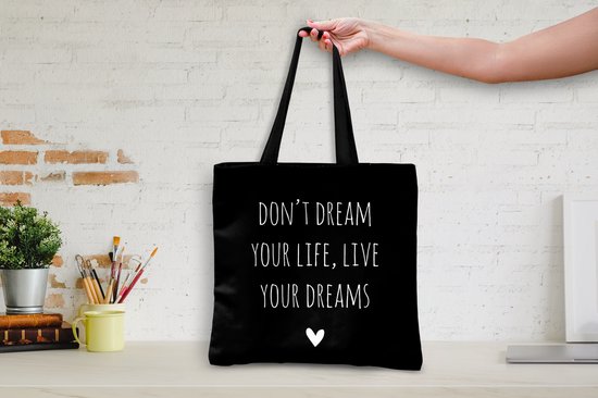 Sac bandoulière - Sac de plage - Shopper Citation anglaise Ne rêve pas ta vie, vis tes rêves avec un coeur sur fond noir - 45x45 cm - Sac en coton