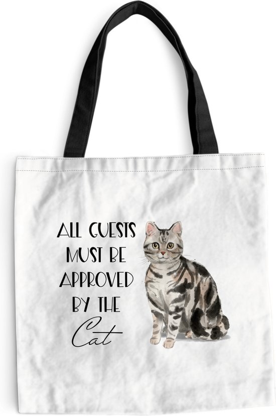 MuchoWow® Schoudertas - Strandtas - Big Shopper - Boodschappentas - Spreuken - Kat - Quotes - All guests must be approved by the cat - 40x40 cm - Katoenen tas