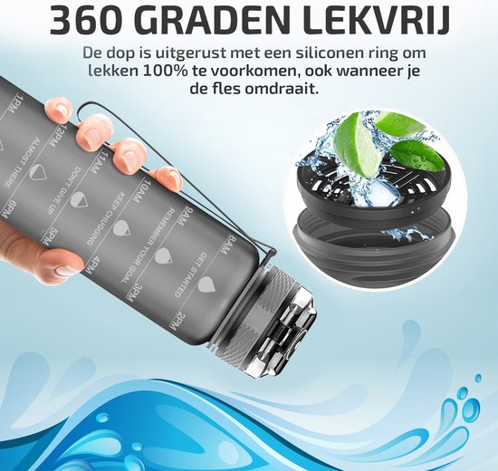 Bouteille d'eau 1 litre - Bouteille avec marqueurs de temps - Sans BPA - Avec filtre à fruits et boule de mélange - Grijs