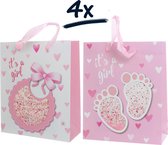 4x stevige draagtassen babyshower Girl confetti baby papier zak cadeautasje gift bag verpakking geschenkverpakking