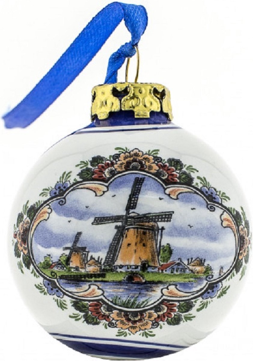 Kerstbal molen gekleurd klein | Heinen Delfts Blauw | Souvenir